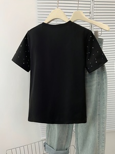 เสื้อยืดสีดำประดับเพชรเทียม แขนสั้น คอกลม ลายจุดวิบวับ ทรงโอเวอร์ไซส์ สไตล์สตรีทแวร์ สำหรับใส่ลำลองช่วงฤดูร้อน - Product Image 2