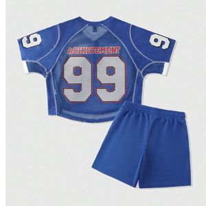 Ensemble Maillot et Short de Football Personnalisé pour Homme – Maillot Court Bleu en Mesh à Col en V avec Imprimé Graphique et Short à Cordon de Serrage – Style Streetwear - Product Image 2