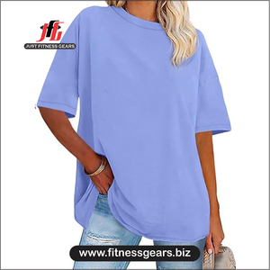 Women's O-Neck Short Sleeve T-<b>Shirt</b> Solid Blue Knitted Casual Wear Loose Eco-Friendly 100% Polyester Summer - Product Image 6