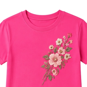 เสื้อยืดคอกลมผ้าฝ้ายปักลายดอกไม้สีชมพูสดใสสำหรับผู้หญิง แขนสั้น สไตล์ลำลอง รับผลิตตามสั่ง (OEM) คุณภาพพรีเมียม แฟชั่นฤดูร้อน - Product Image 5