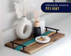 Blue Resin + Acacia Wood Serving Board with Handles - 16x9 Serving Tray for Food, Breakfast in Bed, <b>Coffee</b> <b>Table</b>, Decor, - Product Image 2