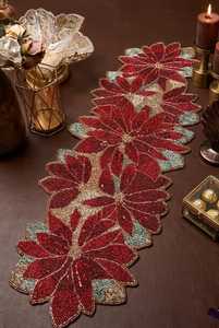 Handmade Beaded <b>Table</b> <b>Runner</b>, Red Floral Linen Decoration, Luxury Holiday Centerpiece - Product Image 2