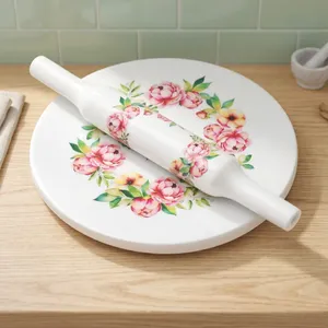 Marble Chakla Belan Set with Floral Design Multicolor Printed <b>Rolling</b> Board and <b>Wooden</b> <b>Rolling</b> <b>Pin</b> Classical Indian Kitchen Roti - Product Image 4