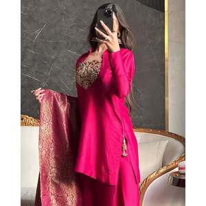 Maruti Creation Designer <b>Silk</b> Salwar Kameez with Dupatta Party Wear <b>Top</b> in <b>Pink</b> Size M Featuring Farshi Style - Product Image 3