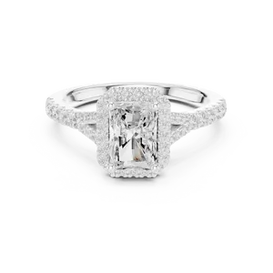Anillo de compromiso unisex de lujo con halo de diamantes cultivados en laboratorio de corte radiante de 1 quilate, banda pavé de oro macizo de 14k/18k y tallo dividido para hombre y mujer - Product Image 3