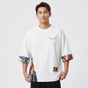 Oversized White Half Sleeve T-<b>Shirt</b> With <b>Patchwork</b> Print And Wing Logo Street Style Men's Casual Wear - Product Image 6