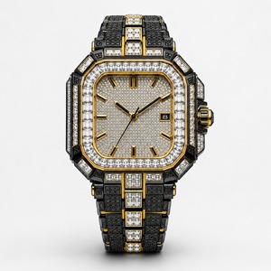 Reloj de lujo con diamantes para hombre, caja cuadrada de oro amarillo, correa de acero inoxidable, indicador de fecha analógico de cuarzo - Product Image 4