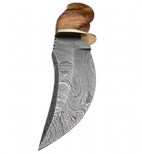 Cuchillo utilitario de punta curva de acero de Damasco hecho a mano con mango de madera de Burl y guardacuchillo de latón, herramienta de campo - Product Image 2