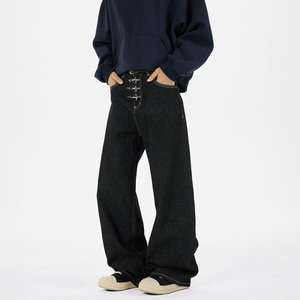 Jean large noir pour homme, taille haute, fermeture boutonnée, en coton délavé, décontracté, mi-saison, poids moyen - Product Image 1