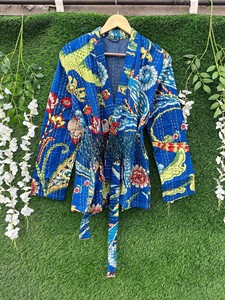 Handmade Kantha Jacket Blue Cotton Quilted Kimono <b>Robe</b> Boho Cardigan Artisanal Traditional Indian Floral Print Women <b>Coat</b> - Product Image 3