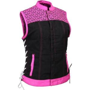 Gilet en jean moto noir et rose pour femme Samroz Sports 'Skelly' avec broderie de crâne - Product Image 3