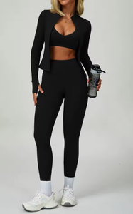 Women Solid Color Seamless Yoga Sports Bra Set Medium <b>Support</b> Long Sleeve <b>Crop</b> <b>Top</b> With High Waist Leggings For Fitness Yoga - Product Image 3