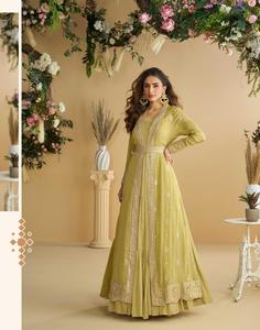 Chinon Front And Back Embroidery <b>Work</b> Trendy Gown With Shrug And <b>Belt</b> Elegant Female Indian Clothing - Product Image 1
