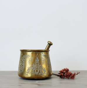 Solid dark antique brass mortar pestle set with flared base for spice grinding, available at wholesale prices. - Product Image 2