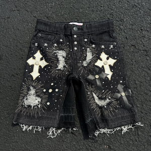 <b>Men</b> Gothic Ripped Denim <b>Shorts</b> With Cross <b>Patches</b> And Rhinestones Mid Waist Button Fly Streetwear Style - Product Image 1