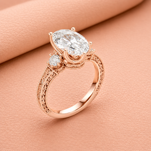 Anillo de compromiso de oro rosa con diamante de corte ovalado y diamantes laterales, joyería nupcial clásica para mujer - Product Image 2