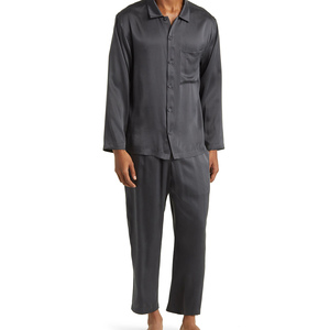 Ensemble de pyjama en soie pour homme, style moderne, manches longues, couleur unie, haut de gamme, vêtements de nuit doux en soie pour homme - Product Image 1