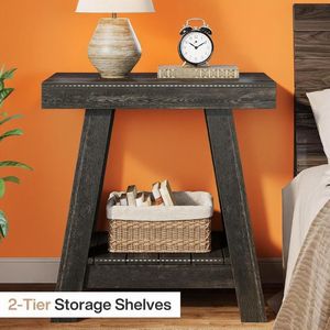 2-Tier Farmhouse-Style Wooden End Table with Storage Slim Narrow Nightstand for Living Room As Small Sofa <b>Side</b> Table - Product Image 3