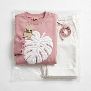 Ensemble décontracté 2 pièces pour femme : Sweat-shirt rose à col en V et pantalon blanc à jambes larges avec applique feuille, taille élastique, coupe ample - Product Image 5