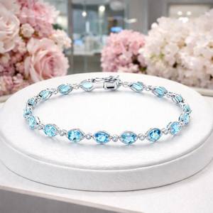 Bracelet de fiançailles et de mariage en aquamarine naturelle taille ovale, or blanc 18 carats, pierre précieuse bleue de luxe, cadeau pour femme - Product Image 1