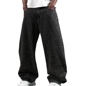 <b>Men's</b> Black Wide Leg Jeans With <b>White</b> Dots High Waist Casual <b>Pants</b> Breathable Cotton Canvas Material Button Fly Stonewashed <b>pant</b> - Product Image 6