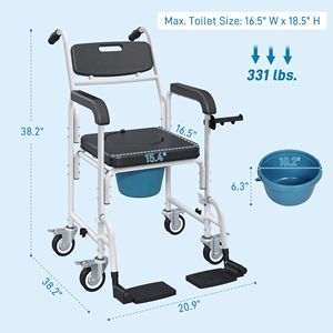 Sedia a rotelle da doccia regolabile e leggera per anziani con ruote bloccabili e schienale - Product Image 3