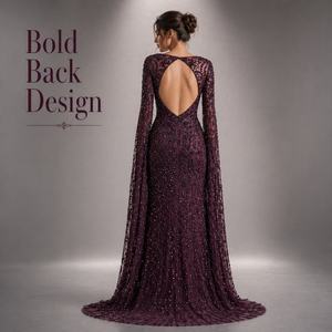 Robe de soirée sirène moderne de luxe en perles bordeaux |   Robe longue à manches courtes, dos nu, ornée, avec traîne |   OEM en gros - Product Image 2