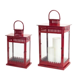 Home Decorative Metal & Glass <b>lanterns</b> <b>Set</b> Of 2 Red Color Finished candle Stand <b>Lantern</b> for Wedding & Hotels - Product Image 1