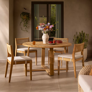Modern Outdoor Teak Garden Set 4 Seater Solid Wood Weather Resistant Cushioned Chairs <b>Round</b> <b>Table</b> - Product Image 1