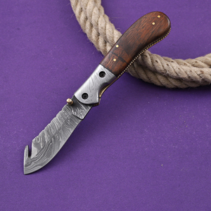 Couteau pliant en acier Damas, lame à dépecer, manche en bois de rose, étui en cuir, couteau de poche EDC pour la chasse et le camping, personnalisable OEM/ODM - Product Image 2