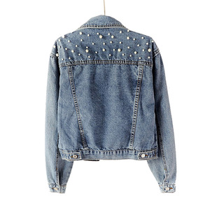 Best Quality Women's Jeans <b>Jacket</b> Gray Color Cotton Made Front Pocket Street Wear Full Sleeve Jeans <b>Jackets</b> With <b>Rhinestone</b> - Product Image 2