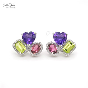 Luxury 4.41CTW Multi Gemstone Stud Push <b>Back</b> <b>Earrings</b> Crafted in 14K White Gold Diamond Halo Diamond <b>Earrings</b> at Wholesale Price - Product Image 1