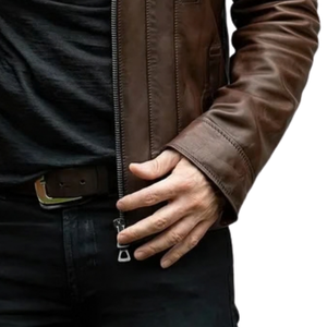 <b>Mens</b> <b>Brown</b> Black Genuine <b>Leather</b> Streetwear <b>Jackets</b> Shoulder Panels Stand Collar Zip Front Chest Pocket Premium Custom Outerwear - Product Image 4