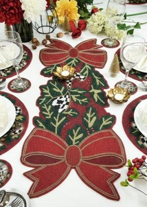 Christmas Table Runner with <b>Red</b> <b>Bow</b> and Holly Design Fabric Mats for Dining Table Decoration - Product Image 1