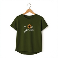 T-shirt Femme Vert Olive Uni Coupe Slim Col Rond Manches Courtes Décontracté Printemps Été 100% Coton Jersey Broderie
