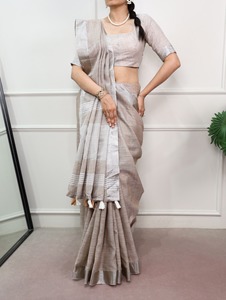 Sari Tradicional Indio de Lino con Tejido Zari para Uso Casual y Eventos Festivos, Atuendo Moderno y Elegante para Mujer - Product Image 1