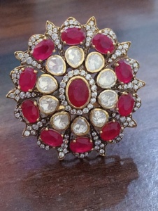 Amaira Jewels Classic Flower Shape <b>Cocktail</b> <b>Ring</b> Red Doublet Diamond Pave Setting <b>Gold</b> Plated Women Wedding Jewelry Adjustable - Product Image 2