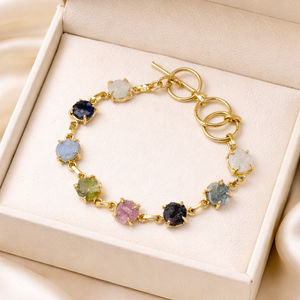 Raw Multi Gemstone Bracelet Gold Plated <b>Toggle</b> Bracelet Handmade Colorful Crystal Link Dainty Everyday Jewelry Gift for Women - Product Image 1