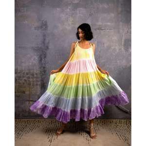 Robe longue sans manches à volants pour femme, motif color block arc-en-ciel, coupe ample, tenue d'été pour les vacances - Product Image 1