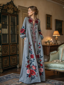 Nouvelle robe maxi élégante d'inspiration vintage à fleurs brodées pour femmes, manches longues, col en V, robe maxi d'inspiration ethnique - Product Image 2