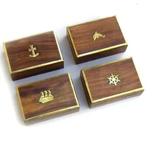 Nautical wooden box with brass inlay like anchor wheel fish ship and dolphin solid memorial casket