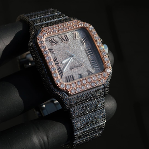 Iced Out Black Diamond <b>Watch</b> with Rose Gold Bezel Square Automatic <b>Mechanical</b> <b>Watch</b> Full Bling Hip Hop Jewelry for Men - Product Image 1