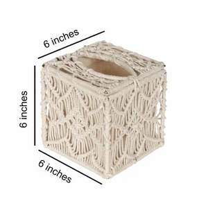 Caja de pañuelos de macramé estilo bohemio de 6x6 pulgadas, cubierta de cuerda de algodón, soporte decorativo para pañuelos, funda para servilletas hecha a mano con forma de cubo para el hogar y la oficina - Product Image 2