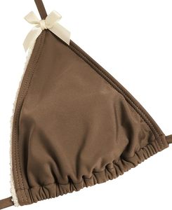 Conjunto de Bikini de 2 Piezas para Mujer, Color Marrón, Top Halter con Lazos Laterales, Parte Inferior Elástica, Traje de Baño de Color Sólido con Detalle de Cordones, Estampado Animal y Logotipo Frontal - Product Image 3