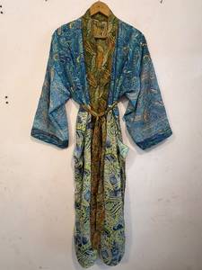Lightweight Saree Silk V-neck Drawstring <b>Kimono</b> Robe Full-Length Dressing Gown with Patchwork Soft & Breathable Women's Wear - Product Image 2