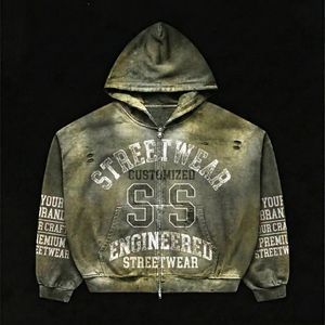 Sudadera con Capucha Personalizada de Felpa Francesa de Algodón Grueso, con Bordado de Parches, Estampado DTG, Lavado Ácido y Efecto Desgastado por el Sol - Product Image 1