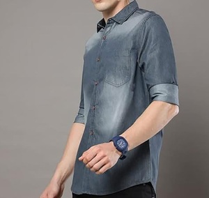 Camisa vaquera vintage gris con lavado ácido, elástica, con bolsillo en el pecho, corte ajustado, manga larga, abotonada, estilo abierto, transpirable - Product Image 4