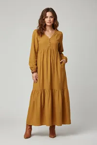 Vestido largo informal de algodón y lino para mujer, estilo bohemio, con cuello en V, manga larga, holgado y fluido, con bolsillos - Product Image 4