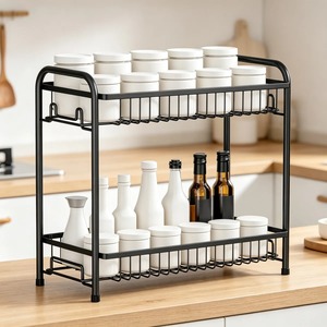 Space Saving Black Metal 2 Layer <b>Storage</b> <b>Rack</b> Suitable For Spices Oils Condiments And <b>Kitchen</b> Essentials Handcrafted From India - Product Image 5