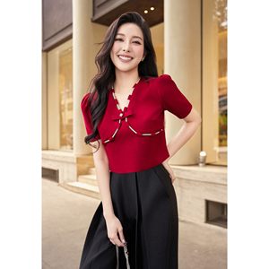 Blusa roja con cuello en V y manga corta para mujer, blusa con mangas abullonadas y detalle de lazo, top corto femenino para fiesta, estilo informal THETIS - Product Image 4
